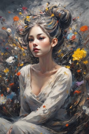 Soraka, abstract neorealism, dreamy fantasy art, darkness graces every curve, style Jackson Pollock, sitting on a field of flowers, looking up, ethereal form, voluptuous and messy bun