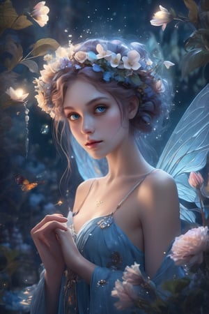 a breathtaking beautiful fairy girl, flower hair decorations, surrounded by flowers and plants, bathed in the shimmering glow of moonlight, cinematic, celestine azure, by Vladimir Matyukhin