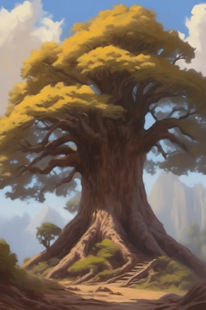 giant tree, a painting by alan koz, in the style of digital fantasy landscapes, plein air scenes, flat brushwork