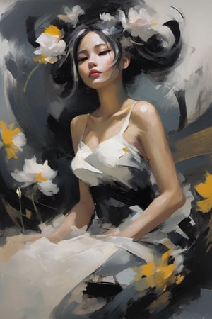 Soraka, abstract neorealism, dreamy fantasy art, darkness graces every curve, style Franz Kline, sitting on a field of flowers, looking up, ethereal form, voluptuous and messy bun