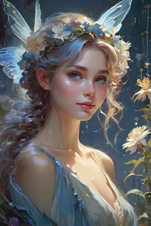 a breathtaking beautiful fairy girl, flower hair decorations, surrounded by flowers and plants, bathed in the shimmering glow of moonlight, cinematic, celestine azure, by Daniel F Gerhartz