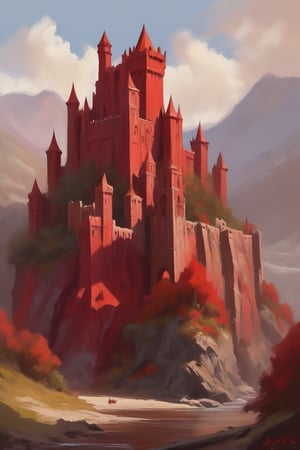 the red keep, a painting by alan koz, in the style of digital fantasy landscapes, plein air scenes, flat brushwork