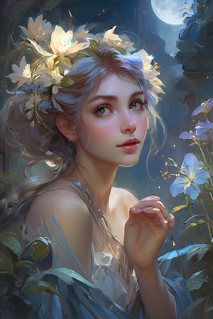 a breathtaking beautiful fairy girl, flower hair decorations, surrounded by flowers and plants, bathed in the shimmering glow of moonlight, cinematic, celestine azure, by Daniel F Gerhartz