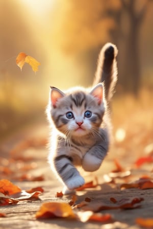 ​high quality masterpiece, autumn morning, running baby cat, close-up with bright light, happiness
