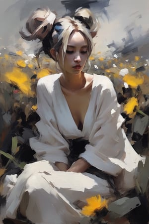 Soraka, abstract neorealism, dreamy fantasy art, darkness graces every curve, style Franz Kline, sitting on a field of flowers, looking up, ethereal form, voluptuous and messy bun