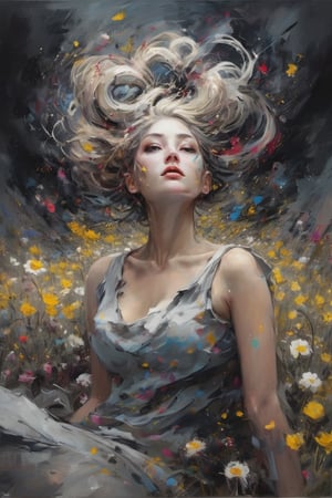 Soraka, abstract neorealism, dreamy fantasy art, darkness graces every curve, style Jackson Pollock, sitting on a field of flowers, looking up, ethereal form, voluptuous and messy bun