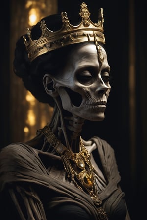 a long dead old queen depicted as a mummy preserved in her tomb, wearing a gold crown and a gold necklace and a gold and black dress, her face is skeletal, a dark setting, with a black background and some lights, the atmosphere is disturbing and mysterious