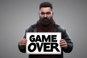 a man, holding a sign, text "GAME_OVER" text, trending on artstation,Text