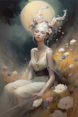 Soraka, abstract neorealism, dreamy fantasy art, darkness graces every curve, style Loish Anne Bachelier, sitting on a field of flowers, looking up, ethereal form, voluptuous and messy bun
