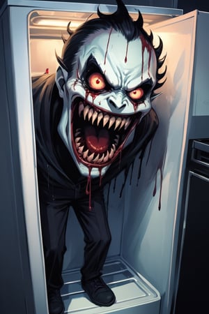 darkart, ,uwudemon, * * a big ugly smile and a big ugly evil monster face with blood dripping 🩸and a face with a man named Jack terrified looking inside the refrigerator