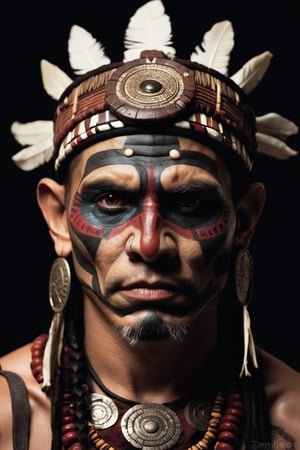 a face on photo portrait of an aztec demon shaman zombie in the style of 28 days later