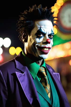 Chris Rock embodies the Joker in a Rob Zombie film, a mesmerizing fusion of chaos and psychological turmoil. Amid a nightmarish carnival, he reigns as a malevolent force. The mood vacillates between unsettling horror and twisted humor, weaving an intricate tapestry of emotions. The atmosphere pulses with a blend of dread and fascination. Lighting dances, alternating between eerie moonlight and distorted carnival lights, amplifying Rock's captivating performance.