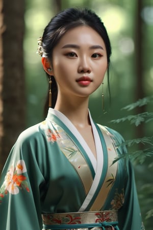 A beautiful Chinese girl stands in the forest, summer, Looking at the camera, close-up, rich in detail ,3D, 8K