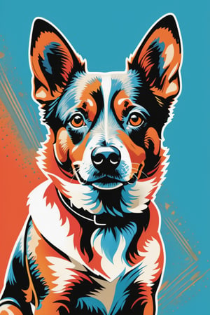 classic vintage illustration of an Australian cattle dog, retro modern image in a fashion abstract comic, in the style of stencil and spray paint, bold graphic design elements, dominant reds and oranges, retro hollywood glamour, halftone dotted, sharp contrast