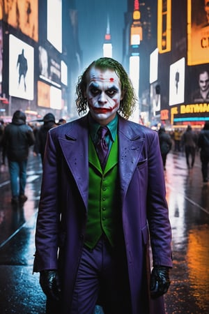 close up portrait The Joker from Batman in the middle of Times Square, staring right at the camera as unsuspecting pedestrians walk by, cyberpunk, insidious, scary, atmospheric, neon lights, rain, full-body, 14mm, noir