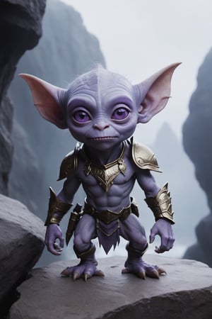 (Cinematic Photo:1.3) of (Ultra detailed:1.3) , (monster)  Small goblin creature, purple skin, armored, big ears, big eyes, crystals, cliff side background, fantsy, magic, glow, dim lighting, misty, gems, adventure, evil