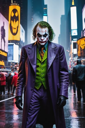 close up portrait The Joker from Batman in the middle of Times Square, staring right at the camera as unsuspecting pedestrians walk by, cyberpunk, insidious, scary, atmospheric, neon lights, rain, full-body, 14mm, noir