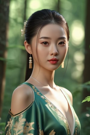 A beautiful Chinese girl stands in the forest, summer, Looking at the camera, close-up, rich in detail ,3D, 8K