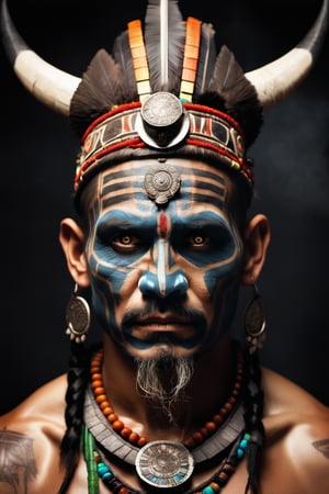 a face on photo portrait of an aztec demon shaman zombie in the style of 28 days later