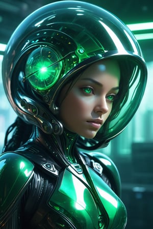 beautiful female alien supersoldier encased in clear emerald jewel cocoon, sleep stasis, strange alien cyberpunk lab, cinematic, revelatory, digital art rendering, ultra-sharp intricate fine details, UHD, HDRI