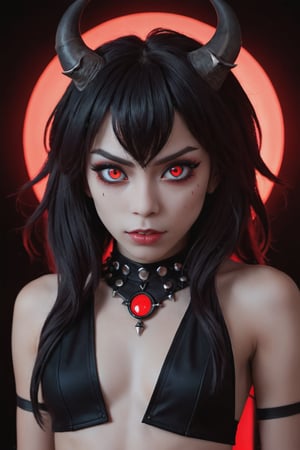 (Cinematic Photo:1.3) of (Ultra detailed:1.3) , (monster)  Anime portrait of character glancing with red eyes, ring piercing on nose and black horns on head. Red glow behind. Showing her fangs.