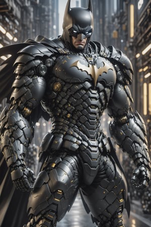 Angry batman mecha robo soldier character, anthropomorphic figure, wearing futuristic black soldier armor and weapons, reflection mapping, realistic figure, hyperdetailed, cinematic lighting photography, 32k uhd with a golden staff, rgb lighting on suit, 

By: panchovilla,mecha