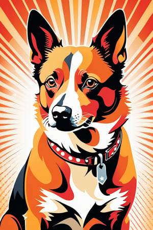 classic vintage illustration of an Australian cattle dog, retro modern image in a fashion abstract comic, in the style of stencil and spray paint, bold graphic design elements, dominant reds and oranges, retro hollywood glamour, halftone dotted, sharp contrast