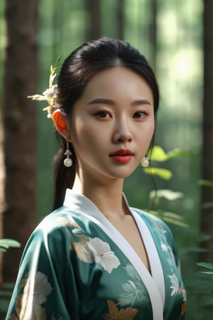 A beautiful Chinese girl stands in the forest, summer, Looking at the camera, close-up, rich in detail ,3D, 8K