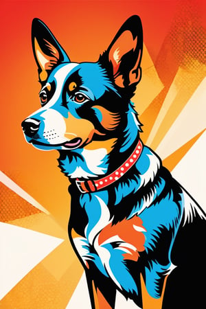 classic vintage illustration of an Australian cattle dog, retro modern image in a fashion abstract comic, in the style of stencil and spray paint, bold graphic design elements, dominant reds and oranges, retro hollywood glamour, halftone dotted, sharp contrast