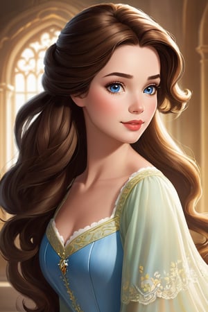 high-definition photo in 8K quality of Belle would have long, flowing hair of a natural color, such as brown or blonde. Her eyes would be a warm brown or hazel color, and her skin would be a light to medium complexion. She would be slim and athletic, with a healthy glow. She would dress in comfortable but stylish clothes that reflect her personality. She might wear jeans and a t-shirt, or a flowing skirt and blouse. She would accessorize with simple jewelry, such as a necklace or bracelet. She would wear makeup that enhances her natural beauty, such as mascara and lip gloss. Overall, Belle's look would be simple, elegant, and understated. It would reflect her intelligence, kindness, and strength of character. In 2023, Belle might wear her hair in a more natural style, such as waves or curls. She might wear makeup that is more natural-looking, such as tinted moisturizer and lip balm. She might accessorize with more sustainable materials, such as recycled plastics or fair trade jewelry. She might wear clothes that are more ethically made, such as those from brands that have a good track record of social responsibility. Belle's look would still be recognizable as Belle, but it would also reflect the changing times. She would be a modern woman who is confident in her own beauty and who is not afraid to express herself.
