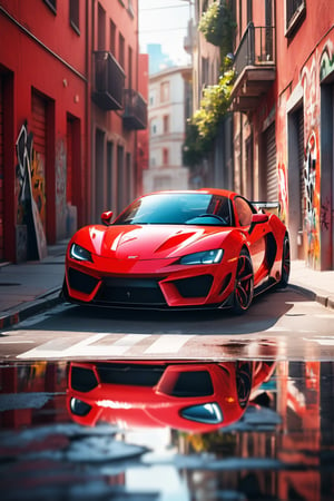 A red sports car sped through the streets of the city, soft focus photography, Graffiti, 2K, high detail