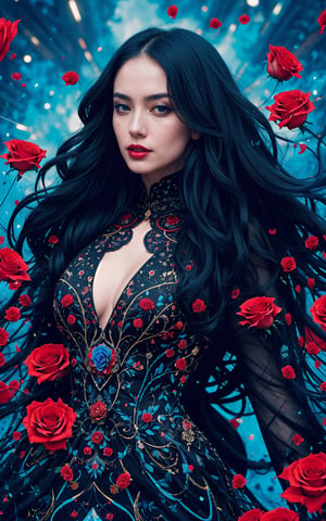 A detailed bright 32k full body abstract photograph of a beautiful woman in black dress, painted with curly red rose particles, blue sky color palette, James Jean, insane details, very detailed, epic, dramatic, photorealistic, photography, hyperornate details, bokeh, particuls, ultra detail, unreal