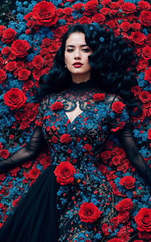 A detailed bright 32k full body abstract photograph of a beautiful woman in black dress, painted with curly red rose particles, blue sky color palette, James Jean, insane details, very detailed, epic, dramatic, photorealistic, photography, hyperornate details, bokeh, particuls, ultra detail, unreal