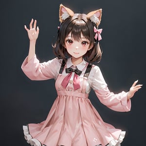 donutgirl, 1girl, solo, looking at viewer, blush, smile, open mouth, simple background, brown hair, shirt, thighhighs, dress, bow, ribbon, animal ears, hair ribbon, white shirt, ponytail, short sleeves, :d, frills, puffy sleeves, cat ears, bowtie, black dress, puffy short sleeves, wrist cuffs, hands up, fake animal ears, pink bow, black background, paw pose, pinafore dress, paw print
