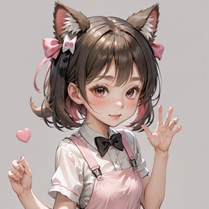 donutgirl, 1girl, solo, looking at viewer, blush, smile, open mouth, simple background, brown hair, shirt, thighhighs, dress, bow, ribbon, animal ears, hair ribbon, white shirt, ponytail, short sleeves, :d, frills, puffy sleeves, cat ears, bowtie, black dress, puffy short sleeves, wrist cuffs, hands up, fake animal ears, pink bow, black background, paw pose, pinafore dress, paw print
