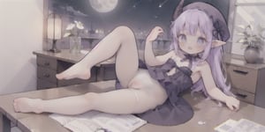 masterpiece, ((best quality)), (ultra-detailed), (illustration), an extremely delicate and beautiful, dynamic angle, chromatic aberration,((Medium shot)), ((colorful)),little girl,1girl,loli,petite,black dress,lolita,Bare foot,blue eyes,dark purple hair,long hair,Dead skin,Shiny skin,small breast,ringlet twin tail,(Skull headwear,Demon tail,Demon horn,elf,hair ribbon),despair,The crows were feeding on the rotting carcass,table,hell,Beelzebub,dark,night,(moon:1.02),star,meteor,milky way,Torn White Pantyhose,baisixuegao,