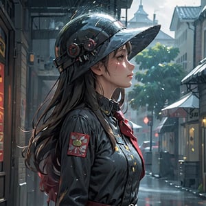 (masterpiece, best quality, chromatic aberration), nsfw, (nude:0.6), (1girl:1.2), (rainy day:1.3), dark theme, dark clouds, thunder and lightning, cowboy shot, Atmospheric, dynamic angle, Armed with both hands, red glowing, cyberhelmet, visor, robot, armor, mechanical arms, science fiction, Wearing a tattered cloak, standing on the ruins of the old square after the radiation war, there are damaged buildings everywhere, smoke of gunpowder, war,