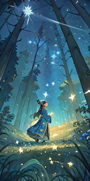 star,starlight,forest,1girl,grass,mushroom,squirmle,nights,surrounded by shining stars,best quality,masterpiece,illustratio,1girl, hanfu, tang style outfits