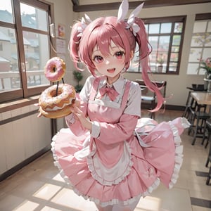 donutgirl, 1girl, solo, looking at viewer, blush, smile, open mouth, skirt, thighhighs, gloves, ponytail, pink hair, japanese clothes, pink eyes, apron, maid headdress, petals, cherry blossoms, spoon, oversized object, wa maid