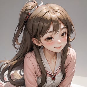 donutgirl, 1girl, solo, long hair, blush, smile, open mouth, brown hair, jewelry, sitting, closed eyes, ponytail, necklace, cardigan, own hands together, facing viewer. ^_^