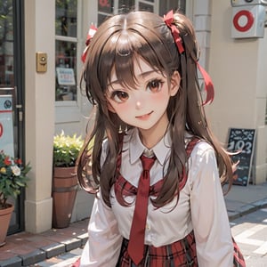 donutgirl, 1girl, long hair, looking at viewer, blush, smile, open mouth, multiple girls, skirt, brown hair, hair ornament, dress, brown eyes, ponytail, short sleeves, red hair, frills, food, solo focus, bracelet, plaid, sparkle, scrunchie, +_+, doughnut, sparkling eyes