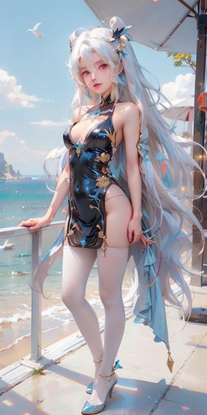 1girl,solo,medium breasts,red eyes, 
china dress,bare legs, bare arms,
standing, seaside,blue sky, no_panties,sideless,facing viewer, white hair, long hair,White Pantyhose,