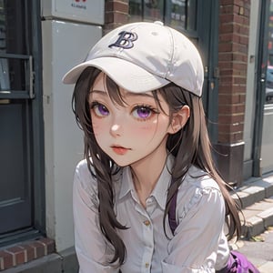 donutgirl, 1girl, solo, long hair, looking at viewer, blush, brown hair, shirt, thighhighs, long sleeves, hat, jewelry, sitting, purple eyes, collarbone, white shirt, ponytail, earrings, outdoors, one eye closed, shorts, day, midriff, belt, necklace, off shoulder, black footwear, crop top, dutch angle, white headwear, fishnets, baseball cap, asymmetrical legwear, sign