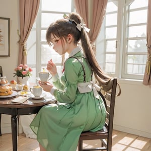 donutgirl, 1girl, solo, long hair, looking at viewer, blush, shirt, long sleeves, dress, bow, ribbon, holding, jewelry, sitting, white shirt, ponytail, flower, hair bow, red hair, earrings, frills, parted lips, food, indoors, necklace, :o, cup, plaid, window, sleeveless dress, chair, table, sunlight, high ponytail, curtains, holding cup, lens flare, plate, teacup, green dress, frilled shirt collar, spoon, pinafore dress, teapot, tea, saucer, vase, plaid dress, holding saucer