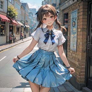 donutgirl, 1girl, looking at viewer, blush, smile, open mouth, skirt, brown hair, shirt, 1boy, bow, holding, brown eyes, jewelry, ponytail, short sleeves, hair bow, earrings, outdoors, frills, one eye closed, food, sky, solo focus, day, puffy sleeves, cloud, apron, red bow, blue sky, puffy short sleeves, blue skirt, wrist cuffs, swept bangs, ;d, frilled skirt, ground vehicle, motor vehicle, faceless, tray, faceless male, car, waitress, holding tray, doughnut, holding plate, roller skates