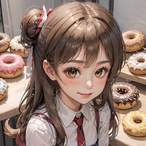 donutgirl, 1girl, long hair, looking at viewer, blush, smile, open mouth, multiple girls, skirt, brown hair, hair ornament, dress, brown eyes, ponytail, short sleeves, red hair, frills, food, solo focus, bracelet, plaid, sparkle, scrunchie, +_+, doughnut, sparkling eyes