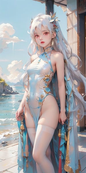 1girl,solo,medium breasts,red eyes, 
china dress,bare legs, bare arms,
standing, seaside,blue sky, no_panties,sideless,facing viewer, white hair, long hair,White Pantyhose,baisi xuegao,