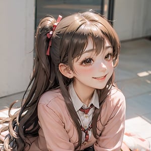 donutgirl, 1girl, solo, long hair, blush, smile, open mouth, brown hair, jewelry, sitting, closed eyes, ponytail, necklace, cardigan, own hands together, facing viewer. ^_^