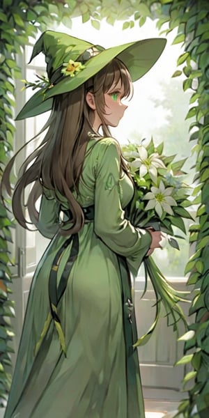 indoors, 1girl, solo, long hair, breasts, looking at viewer, brown hair, hat, dress, green eyes, ass, braid, flower, looking back, from behind, huge breasts, twin braids, tree, lips, witch hat, bent over, plant, tentacles, curvy, green headwear, long dress, hat flower, vines