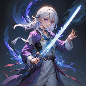 (masterpiece, best quality, chromatic aberration), colorful, 1girl, white hair, purple eyes, dual wielding, sword, holding sword, blue flames, glow, glowing weapon, light particles,